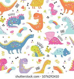 Cute funny kids dinosaurs pattern. Colorful dinosaurs vector background. Backdrop for textile and fabric.