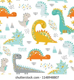 Cute funny kids dinosaurs pattern. Colorful dinosaurs vector background. Backdrop for textile and fabric.
