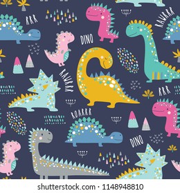 Cute funny kids dinosaurs pattern. Colorful dinosaurs vector background. Backdrop for textile and fabric.
