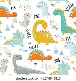 Cute funny kids dinosaurs pattern. Colorful dinosaurs vector background. Backdrop for textile and fabric.
