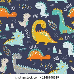 Cute funny kids dinosaurs pattern. Colorful dinosaurs vector background. Backdrop for textile and fabric.
