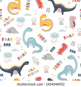 Cute funny kids dinosaurs pattern. Colorful dinosaurs vector background. Backdrop for textile and fabric.