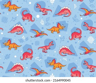 Cute funny kids dinosaurs pattern. Colorful dinosaurs vector backdrop. Seamless pattern of a hand-drawn dinosaurs on abstract background