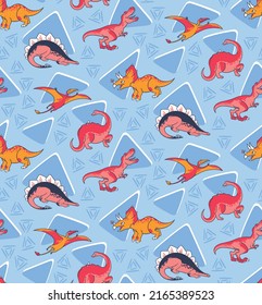 Cute funny kids dinosaurs pattern. Colorful dinosaurs vector backdrop. Seamless pattern of a hand-drawn dinosaurs on abstract background