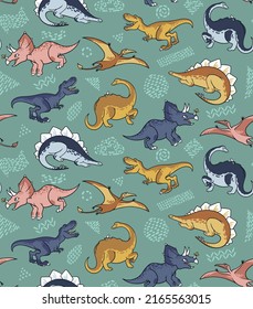 Cute funny kids dinosaurs pattern. Colorful dinosaurs vector backdrop. Seamless pattern of a hand-drawn dinosaurs on abstract background