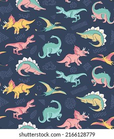 Cute funny kids dinosaurs pattern. Colorful dinosaurs vector backdrop. Seamless pattern of a hand-drawn dinosaurs on abstract background