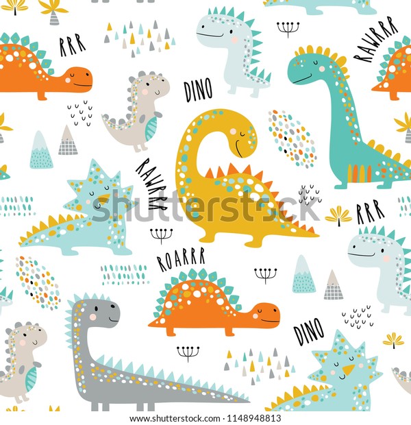 Cute Funny Kids Dinosaurs Pattern Colorful Stock Vector (Royalty Free ...