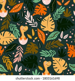 Cute funny kids dinosaurs seamless pattern with leaves on a dark background.  Vector illustration for baby.