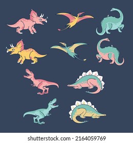 Cute funny kids dinosaurs set. Colorful dinosaurs vector characters