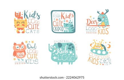 Cute Funny Kids Logo with Pretty Animal Original Design Vector Set