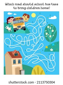 Cute, funny kids riding around town in school bus. Scene and characters in cartoon style. Maze game, activity for children.  Vector illustration.