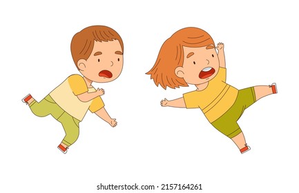 Cute funny kids running and jumping set cartoon vector illustration