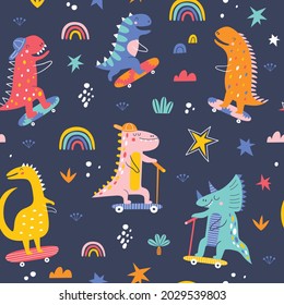 Cute funny kids skater dinosaurs seamless pattern. Colorful dinosaurs vector background. Creative kids texture for fabric, wrapping, textile, wallpaper, apparel. Vector illustration