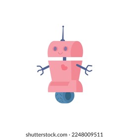 Cute funny kid's smart robot with hands and heart symbol flat style, vector illustration isolated on white background. Smiling mechanical robot on wheel, antenna