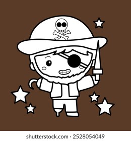 Cute Funny Kids Wearing Pirate Halloween Character Party Cartoon Digital Stamp Outline 