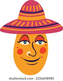 Cute funny kind character in Mexican hat. Strange ugly Halloween character. Cute bizarre comic demon in modern flat hand drawn style