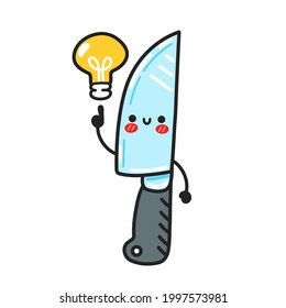 Cute funny kitchen chef knife character with idea light bulb. Vector flat cartoon kawaii character illustration icon. Isolated on white background. Chef cooking knife cartoon character concept