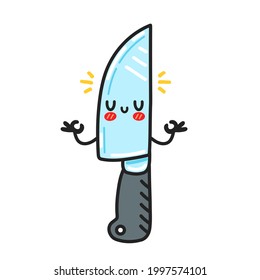 Cute funny kitchen chef knife character meditate. Vector flat cartoon kawaii character illustration icon. Isolated on white background. Chef cooking knife cartoon character concept
