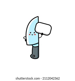 Cuto chistoso cocinero de cocina con cuchillo personaje con pregunta e idea. Icono de ilustración de personaje de caricatura de línea plana vectorial. Aislado sobre fondo blanco. Concepto del personaje de la caricatura del cuchillo de cocina del chef