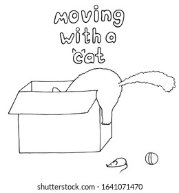 Cute funny kitten in a cardboard box with things and toys on the floor isolated on white. Vector illustration on the theme of moving with a cat. Hand drawn simple doodle clipart. 