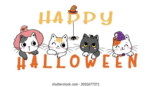 Cute funny kitten cat face head on halloween banner, Happy halloween costume cartoon doodle outline flat vector illustration