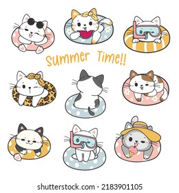 cute funny kitten cat in swimming ring summer time  cartoon doodle animal vector hand drawing
