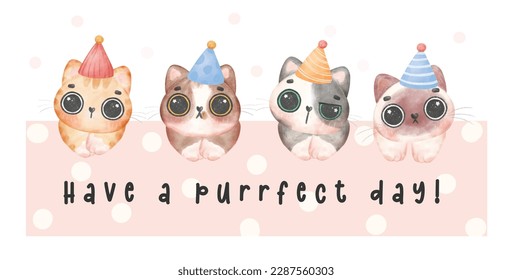 Cute funny kitten cat in variety of breeds wears party hat watercolor, illustration banner