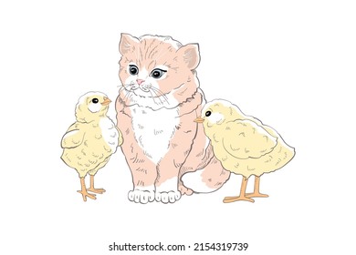 Cute and funny kitten silhouette, looking curiously, sitting with chickens