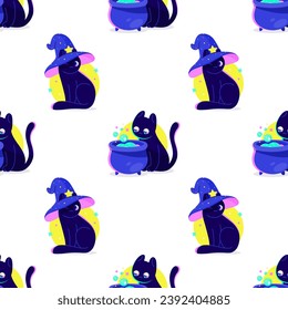 Cute funny kittens, familiars of the witch wizard. Halloween decorations. Neon bright colors. Cool dark cartoon seamless vector pattern background for textile, fabric, wallpaper, wrapping.