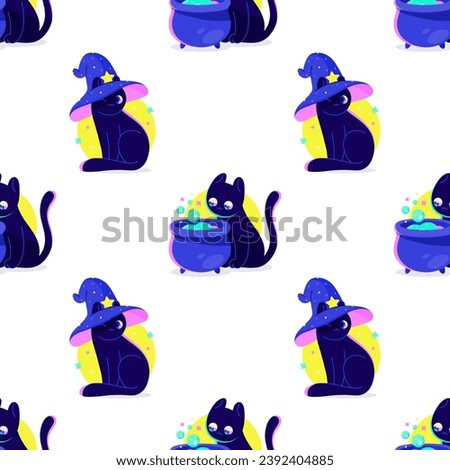 Cute funny kittens, familiars of the witch wizard. Halloween decorations. Neon bright colors. Cool dark cartoon seamless vector pattern background for textile, fabric, wallpaper, wrapping.