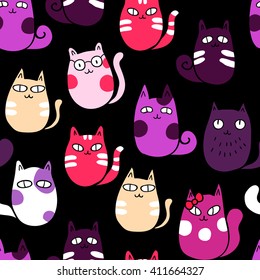 Cute funny kittens on black background. Vector seamless pattern