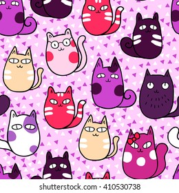 Cute funny kittens on a pink background . Vector seamless pattern