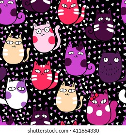 Cute funny kittens on a pink background . Vector seamless pattern