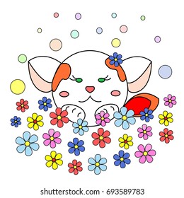 Cute funny kitty on a white background with flowers and bubbles