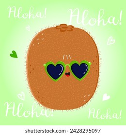 Cute funny Kiwi fruit character. Vector hand drawn cartoon kawaii character illustration icon. Isolated on green background. Kiwi fruit character concept. Aloha card