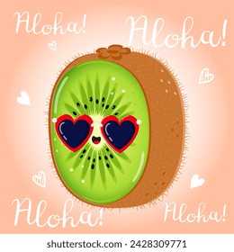 Cute funny Kiwi fruit character. Vector hand drawn cartoon kawaii character illustration icon. Isolated on pink background. Kiwi fruit character concept. Aloha card