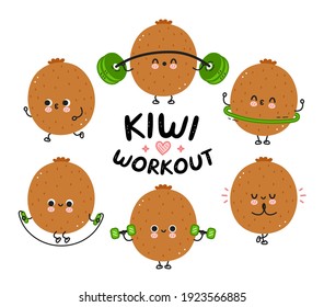 Cute funny kiwi make gym set collection. Vector flat line cartoon kawaii character illustration icon. Isolated on white background. Kiwi fruit workout character bundle concept