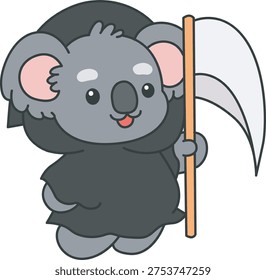 Cute funny Koala sticker icon with halloween theme. Funny Koala wearing an angel of death costume 
