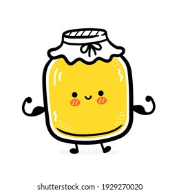 Cute funny kombucha jar character show muscle. Vector flat line cartoon kawaii character illustration icon. Isolated on white background. Kombucha jar character concept