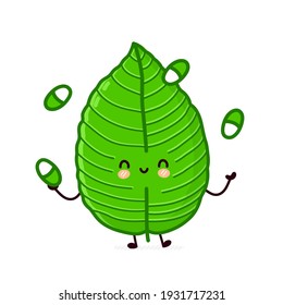 Cute funny kratom leaf jugging pills character. Vector flat line cartoon kawaii character illustration icon. Isolated on white background. Kratom leaf character bundle concept
