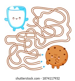 Cute funny labyrinth maze game. Help cookie find milk glass. Maze game for kids. Vector flat line cartoon kawaii character illustration icon. Labyrinth maze game concept