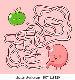 Cute funny labyrinth maze game. Help stomach find apple. Maze game for kids. Vector flat line cartoon kawaii character illustration icon. Labyrinth maze game concept
