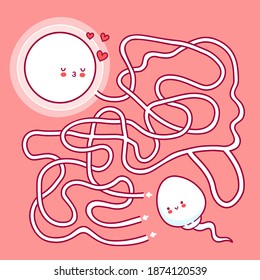 Cute funny labyrinth maze game. Help sperm cell find ovary. Maze game for kids. Vector flat line cartoon kawaii character illustration icon. Labyrinth maze game concept