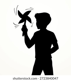 Lad cara engraçado bonito ir sorrir desfrutar de movimento rápido isolar fora espaço de texto céu branco. Tinta preta caneta mão desenhada linha adolescente humano bebê braço brilhante cor alegria espiral logotipo ícone doodle esboço arte estilo