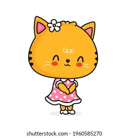 Cute funny lady girl cat in dress. Vector flat line cartoon kawaii character illustration icon. Funny cute cartoon cat, kittoe girl concept