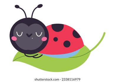 Cute funny ladybug sleeping on leaf. Little ladybird insect mascot cartoon vector illustration