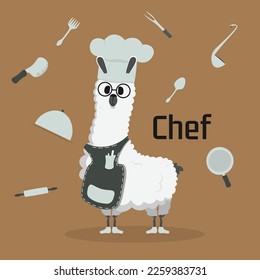 Cute funny lama cartoon alpaca chef mascot. LLama animal hand drawn vector 