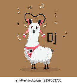 Cute funny lama cartoon alpaca mascot music dj with headphones. LLama animal hand drawn vector 