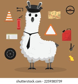 Cute funny lama cartoon alpaca driver mascot. LLama animal hand drawn vector 