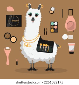 Cute funny lama cartoon alpaca makeup artist mascot. LLama animal hand drawn vector 